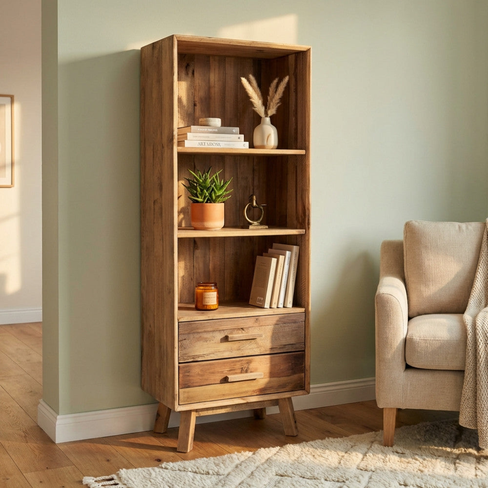 LIBRERIA JUSTIN. Libreria con 2 cassetti e 3 ripiani in legno di pino riciclato Dimensioni: cm 60 x 40 x 160 h.