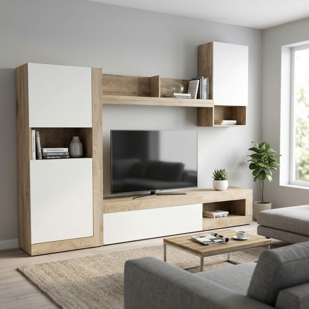 PARETE SOGGIORNO ROOMY BIANCO E ROVERE CHIARO. Parete in legno BIANCO e ROVERE CHIARO Dimensioni: cm 255 x 40 x 200 h.