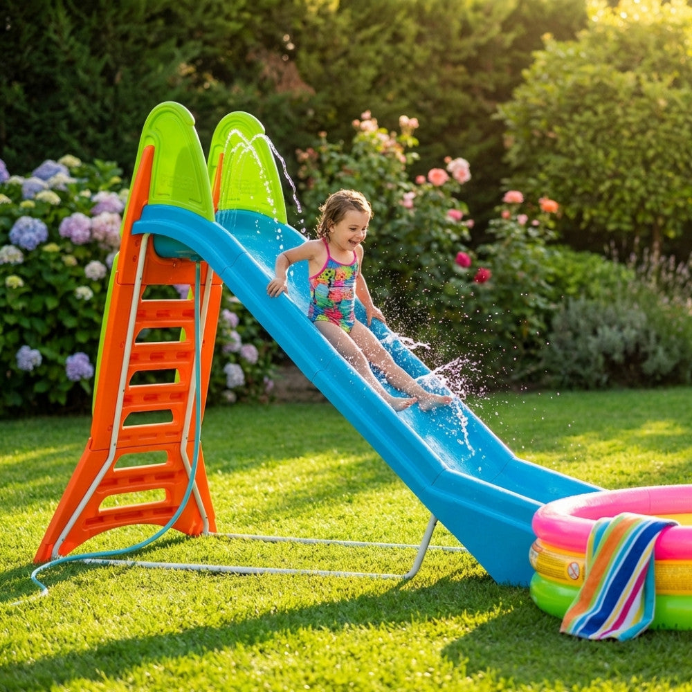 MEGA WATER SLIDE. Large, high-sided slide with a hose attachment. Bright colors. Max. load capacity: 80 kg. Children 3+. Dimensions: 302 x 117 x 209 cm. Garden Furniture.