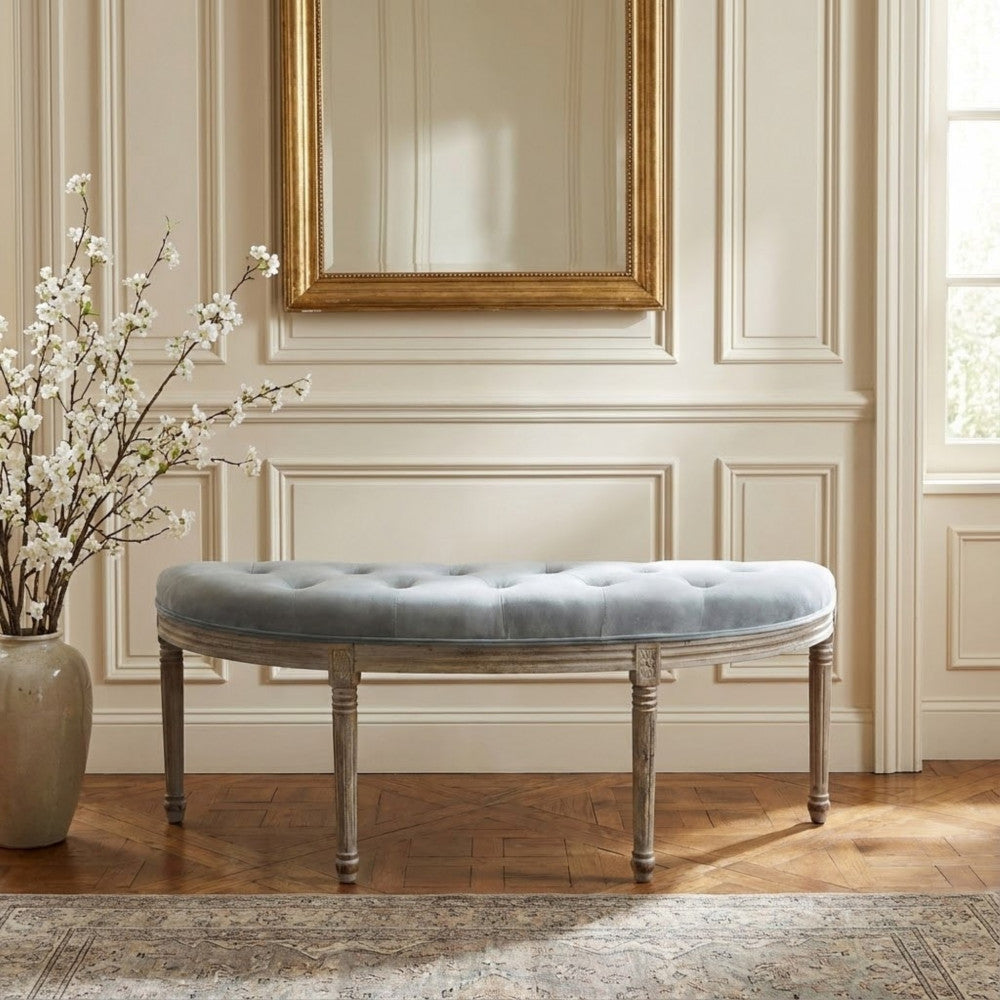 MARGI BENCH IN GREY VELVET. Dimensions: 125 x 45 x 48 cm h.