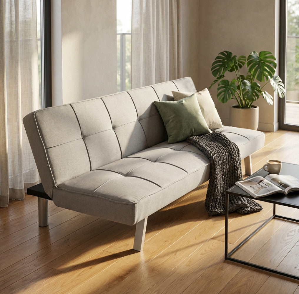 DIVANO LETTO AARON. Divano Letto GRIGIO CHIARO MELANGE struttura in metallo e legno Dimensioni: D.178x81x71/DL.178x96x35.