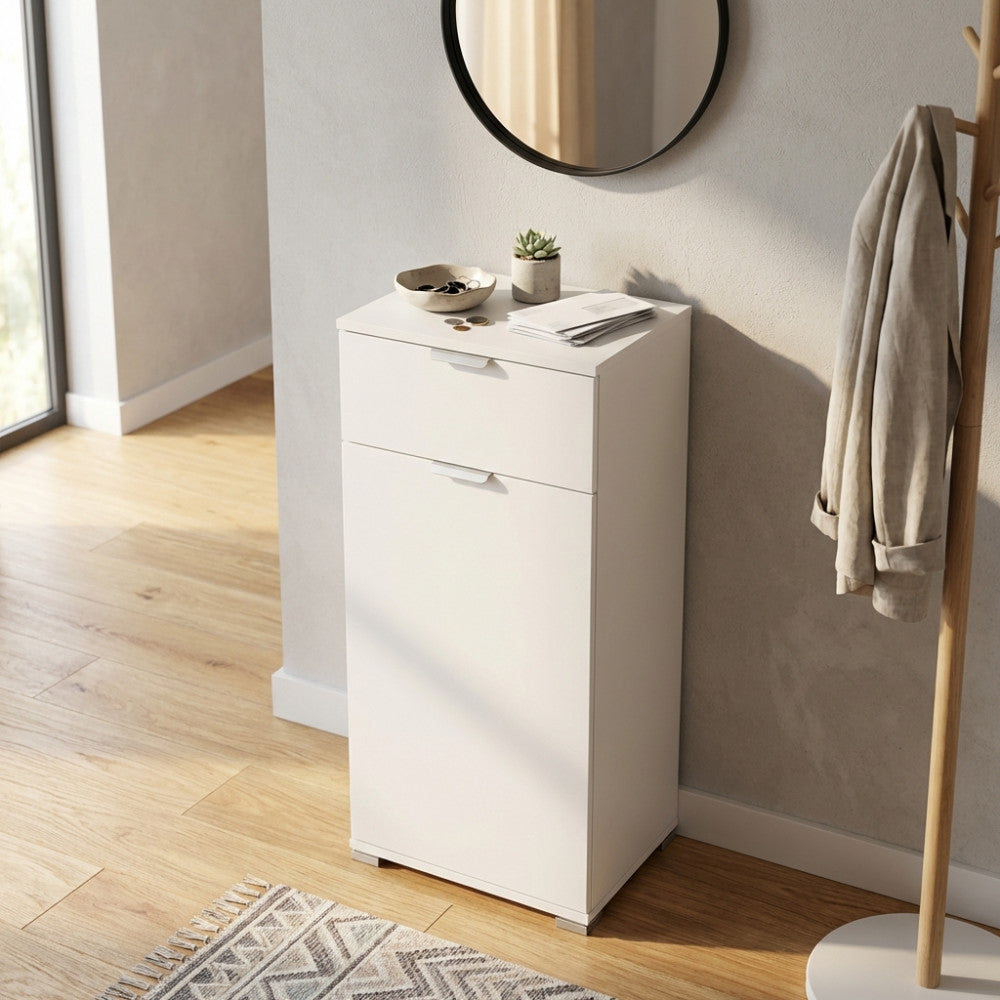 MOBILETTO BAKU CON 1 ANTA E 1 CASSETTO BIANCA. Dimensioni: cm 45 x 38 x 103 h.