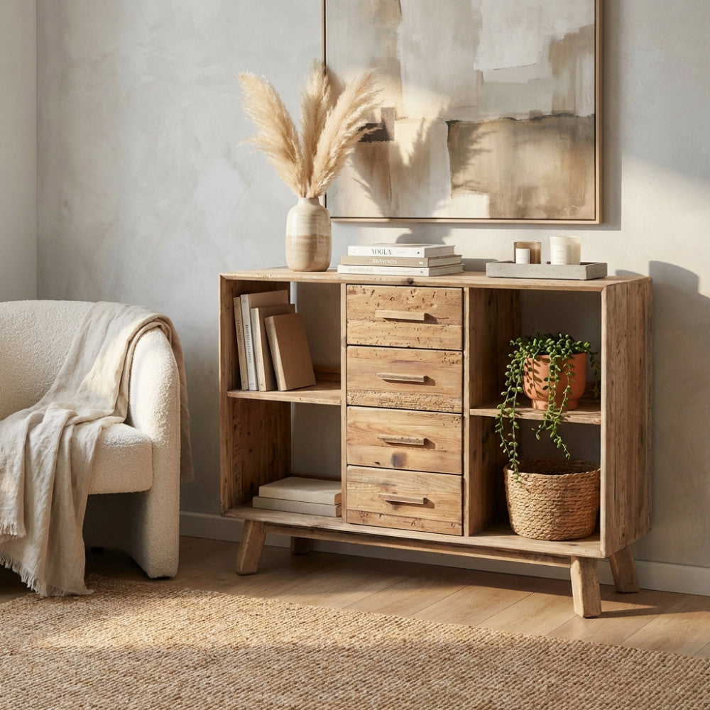 CREDENZA ADAM. Credenza con 4 cassetti e 4 ripiani in legno di pino riciclato Dimensioni: cm 120 x 40 x 90 h.