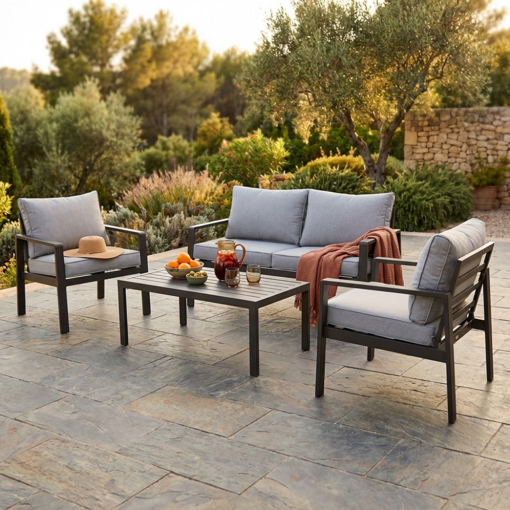 SANTO DOMINGO 2-SEAT LOUNGE WITH CUSHIONS. WHITE or ANTHRACITE aluminum frame, polyester cushions. Dimensions: D.140x70x68/D.64x70x68/T.100x50x35. Garden Furniture