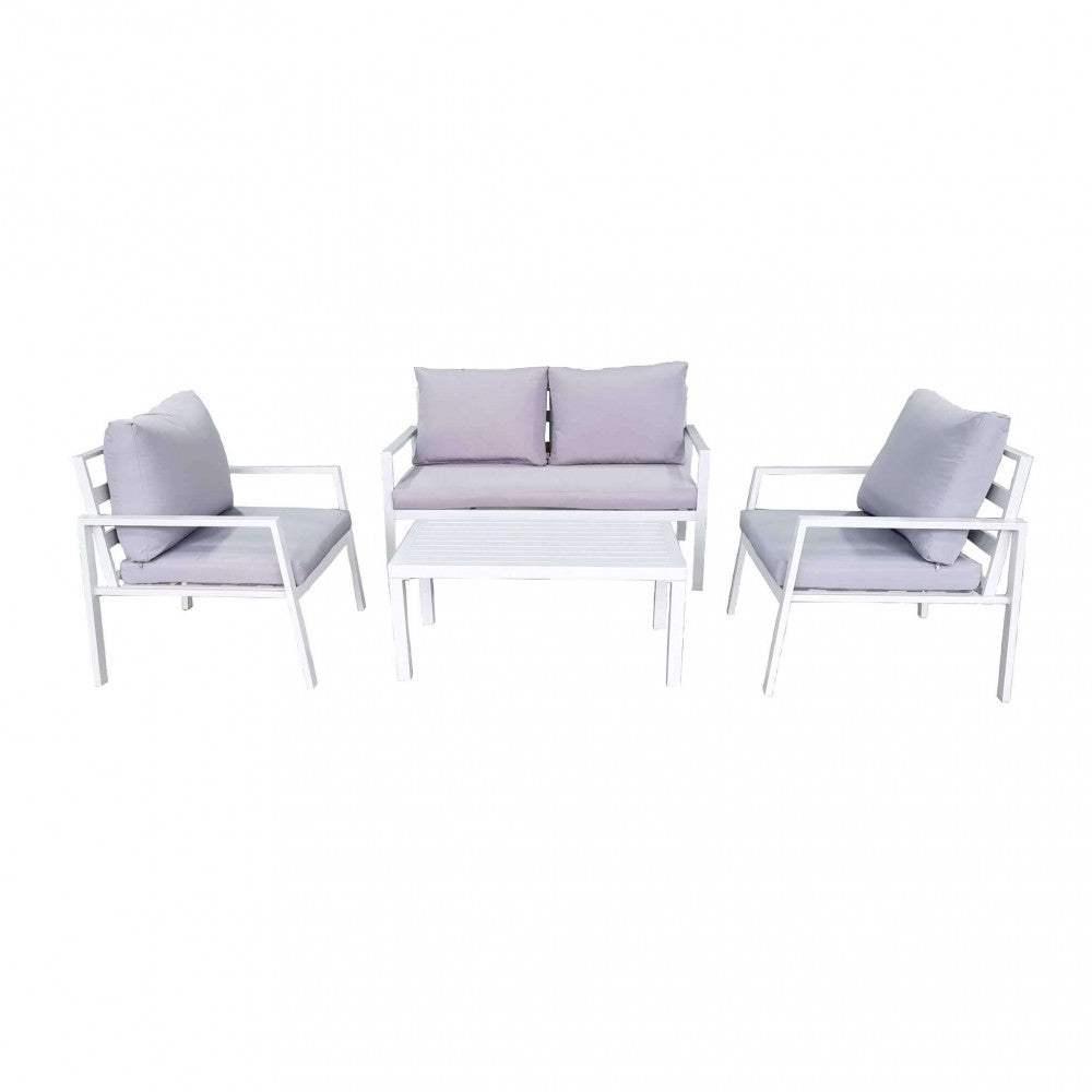 HELSINKI 2-SEAT LOUNGE WITH CUSHIONS. Aluminum frame in WHITE or ANTHRACITE or DOVE GREY or TAUPE. 10 cm polyester cushions. Dimensions: D.128x77x79/P.68x77x797T.51.5x95x46. Garden Furniture