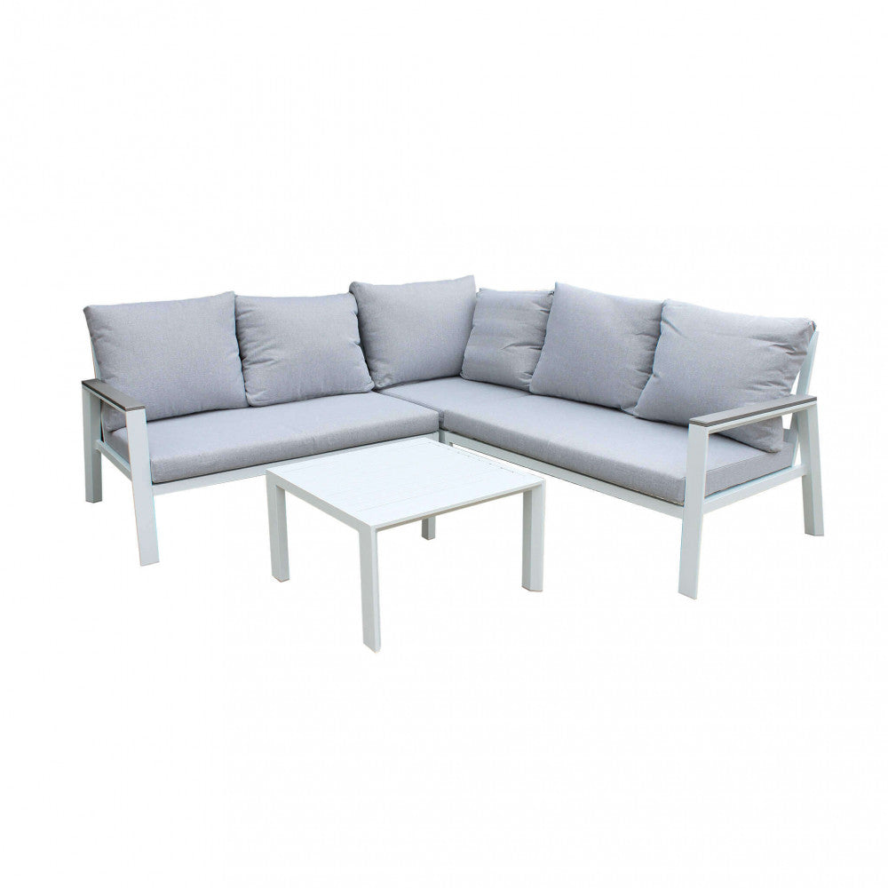 SALOTTO ANGOLARE SURABAYA C/CUSCINI. Struttura in alluminio BIANCA o ANTRACITE cuscini in poliestere Dimensioni: Dx2.135x86x82h/A.78x78x82h/T.68x68x40. Arredo Giardino