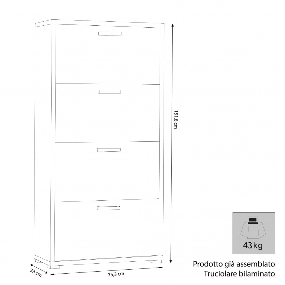 SCARPIERA DEMI 4 ANTE A RIBALTA OLMO. Dimensioni: cm 75,3 x 33 x 151,8 h.