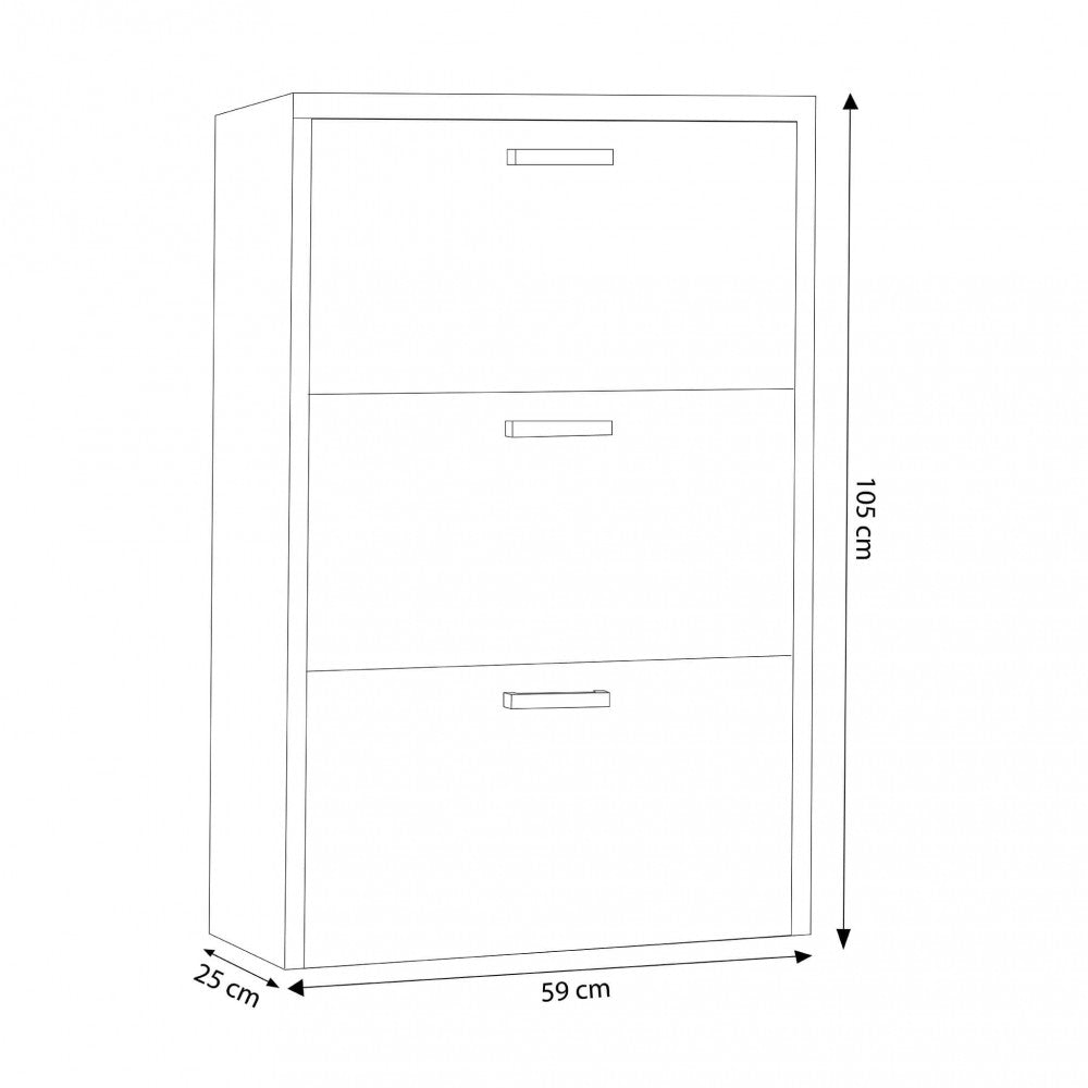 MOLLY SHOE RACK WITH 3 FLAP DOORS, WHITE. Shoe rack in 16 mm thick WHITE wood. Dimensions: 59 x 25 x 105 cm.