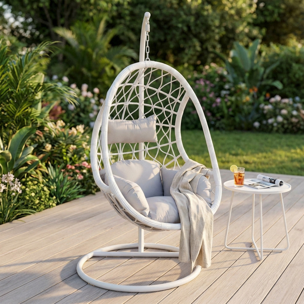CAPRAIA SWING CHAIR. Matt dove grey metal frame, grey, white or natural wicker seat, 42 x 2.5 mm metal tubes, 42 x 1.5 mm base. Dimensions: Frame 95 x 195 h, seat 93 x 72 x 122 cm. Garden Furniture