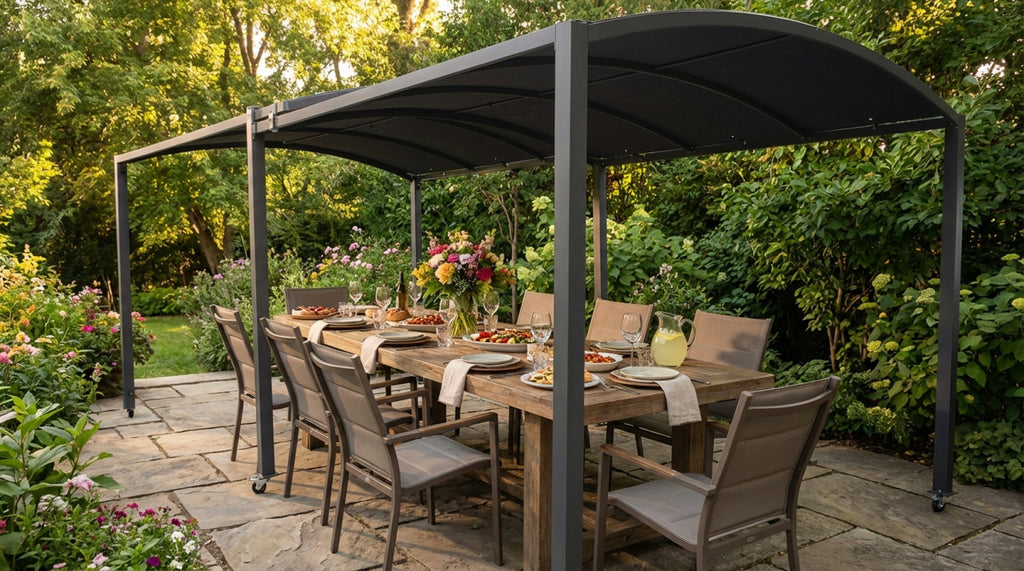 EXTENDABLE GAZEBO TUCSON 3 X 3 / 6. 300 g GREY polyester fabric, ANTRACITE metal frame, 80 x 80 mm legs. Dimensions: 3/6 x 3 m. Garden furniture.