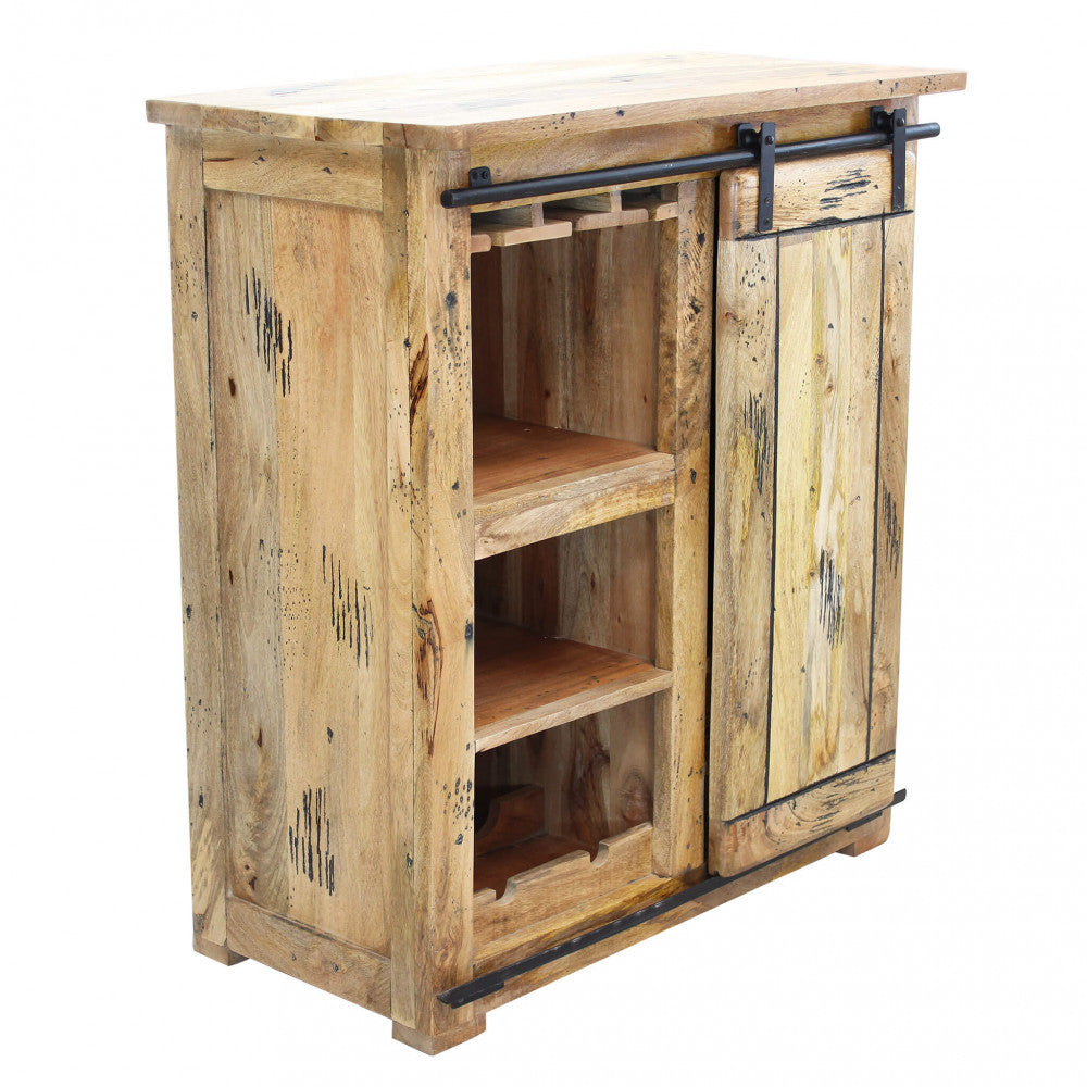 CANTINETTA WINE. Cantinetta in legno di mango con 1 anta scorrevole, 2 ripiani, 2 cassetti e porta bottiglie Dimensioni: cm 90 x 45 x 100 h.