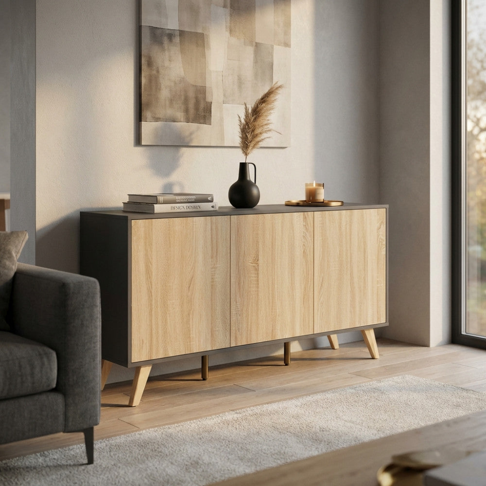 MOBILE ELTON GRIGIO E NATURALE. Mobile in melammina con 3 ante naturali, struttura bianca o grigio scura Dimensioni: 150 x 39,5 x 75 h.