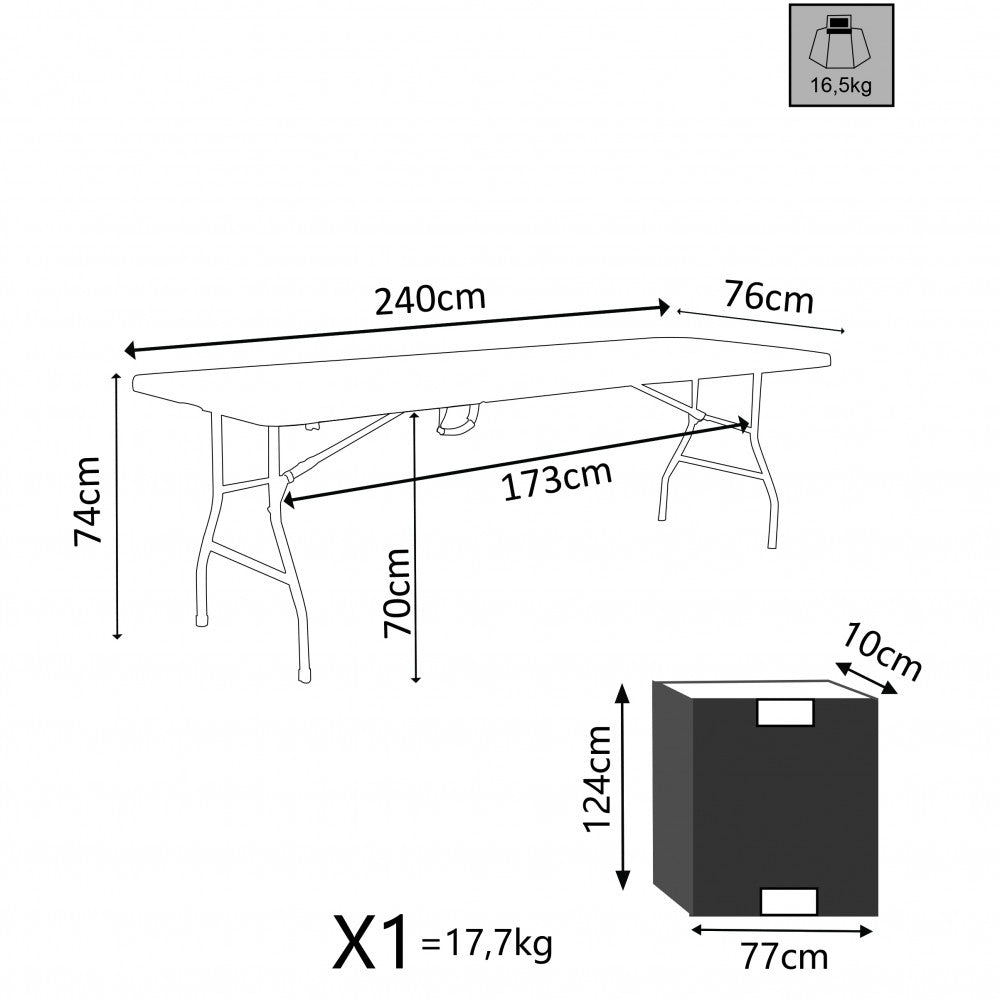 TAVOLO CATERING 240 PIEGHEVOLE. Struttura in metallo verniciato a polvere piano in ABS ò tubo verniciato grigio: 28 x 1,0 mm Dimensioni: cm 240 x 76 x 74 h. Arredo Giardino