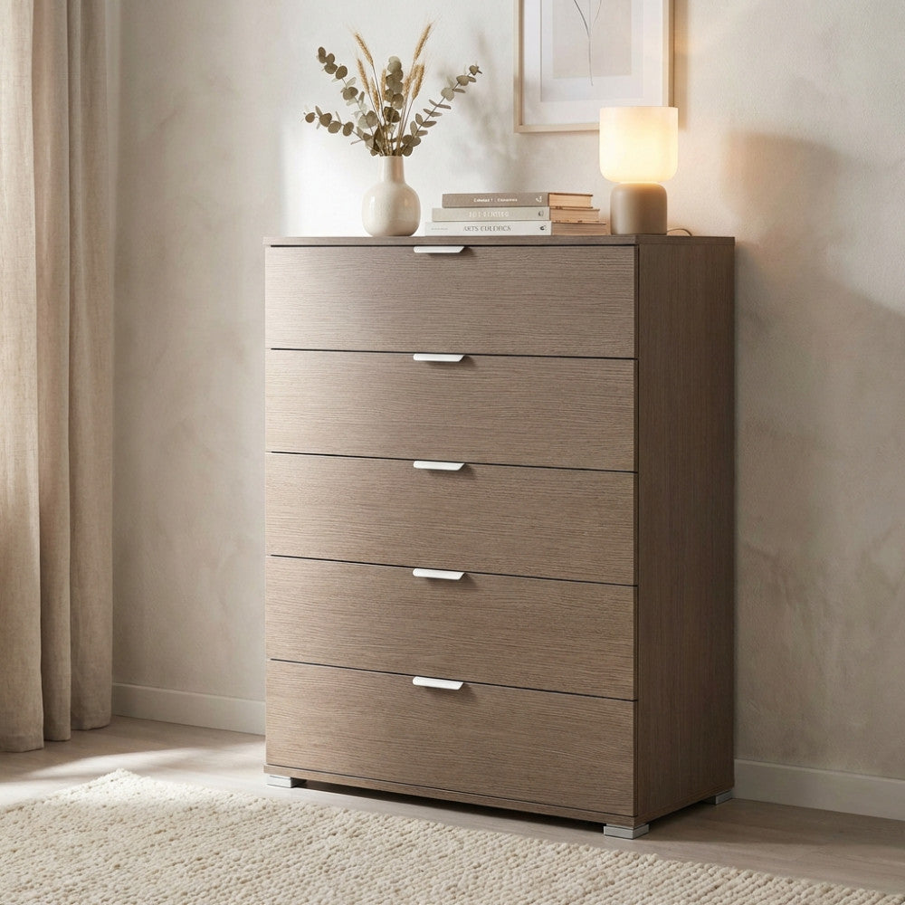 EVERGLADE 5-DRAWER CABINET IN GREY OAK. Dimensions: 75 x 38 x 103 cm.