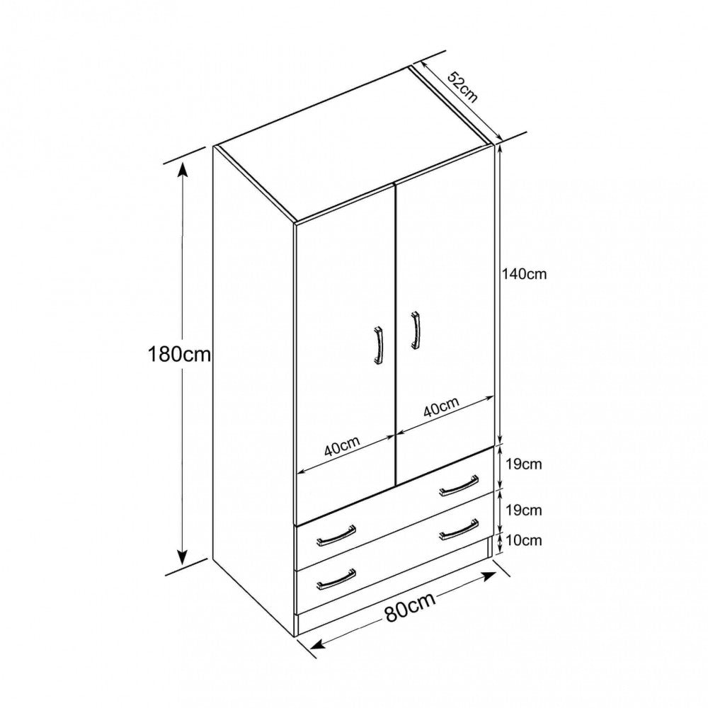 POP WHITE 2-DOOR, TWO-DRAWER WARDROBE. WHITE wooden wardrobe. Dimensions: 80 x 52 x 180 cm.