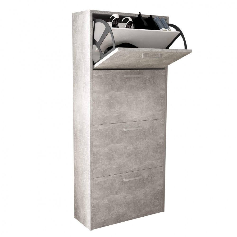 MOLLY SHOE RACK WITH 4 FLAP-DOORS, GREY CONCRETE EFFECT. 16 mm thick GREY CONCRETE EFFECT wooden shoe rack. Dimensions: 59 x 25 x 140 cm h.
