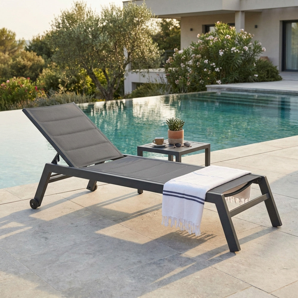 FORMENTERA LOUNGER. Aluminum frame painted WHITE, DOVE GREY, TAUPE, or ANTHRACITE. Padded Textilene in TAUPE, BLACK on anthracite. Dimensions: 198 x 61 x 34/95 cm. Garden Furniture