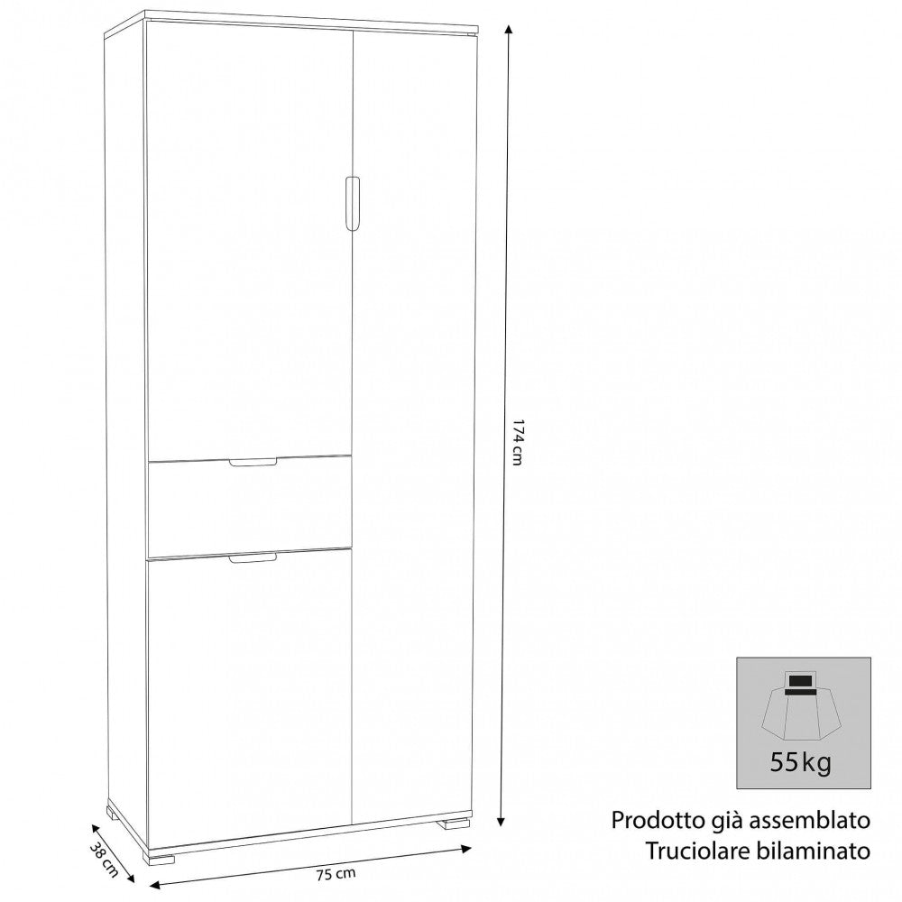 ECO WARDROBE WITH 3 DOORS AND 1 NATURAL DRAWER. Dimensions: 75 x 38 x 174 cm h.