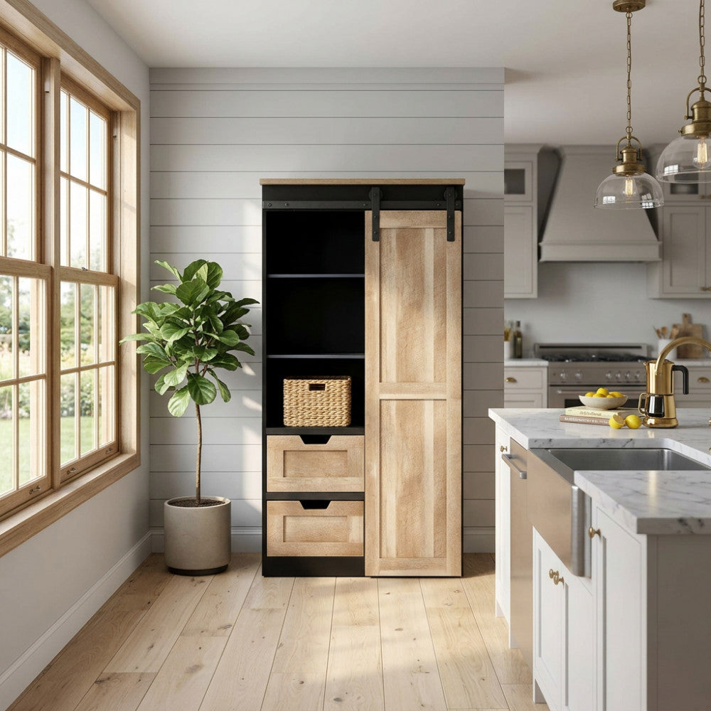 MOBILE IN LEGNO E FERRO JAMAR. Mobile con 2 cassetti, 3 ripiani e 1 anta scorrevole in legno Dimensioni: cm 80 x 40 x 160 h.