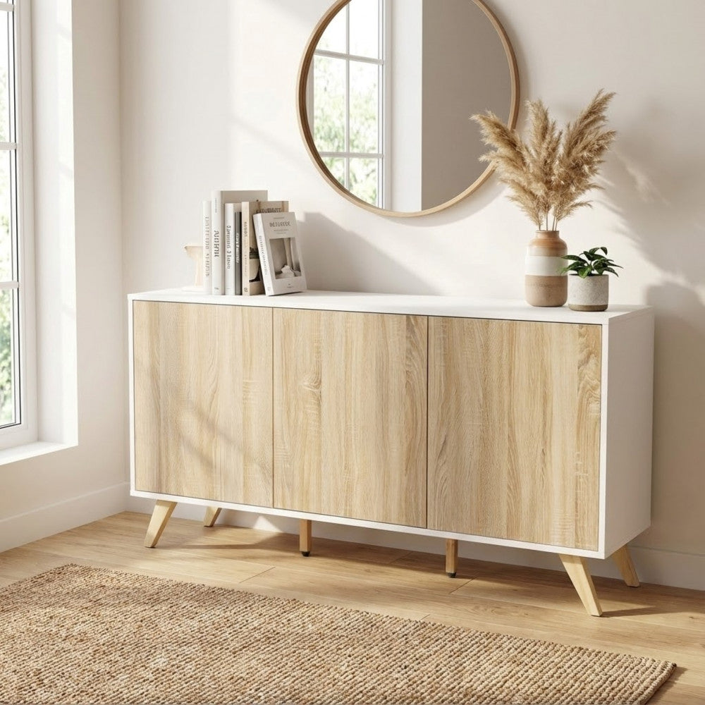 ELTON WHITE AND NATURAL CABINET. Melamine cabinet with 3 natural doors, white or dark grey frame. Dimensions: 150 x 39.5 x 75 h.