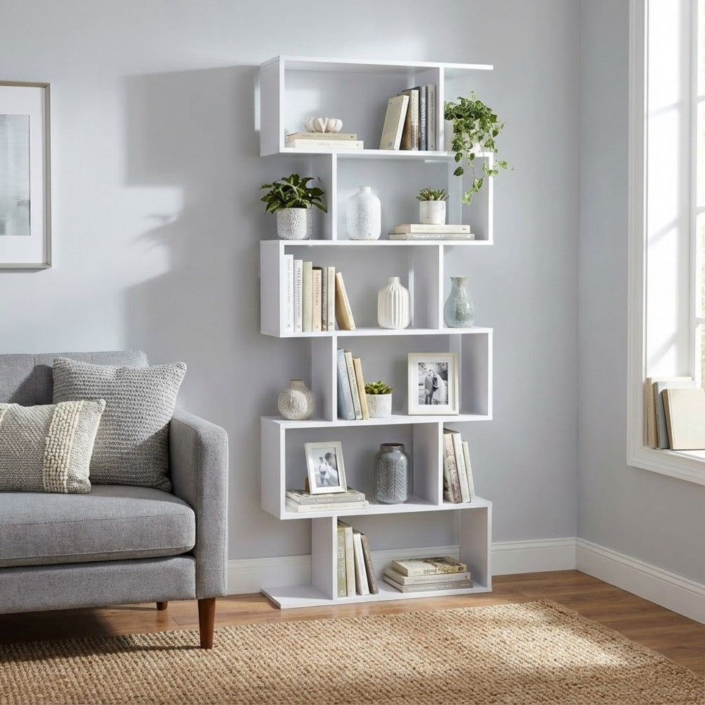 ALANA BOOKCASE, WHITE AND NATURAL. Bookcase in natural, white, or dark gray melamine with 6 shelves. Dimensions: 80 x 23.5 x 190.5 h.