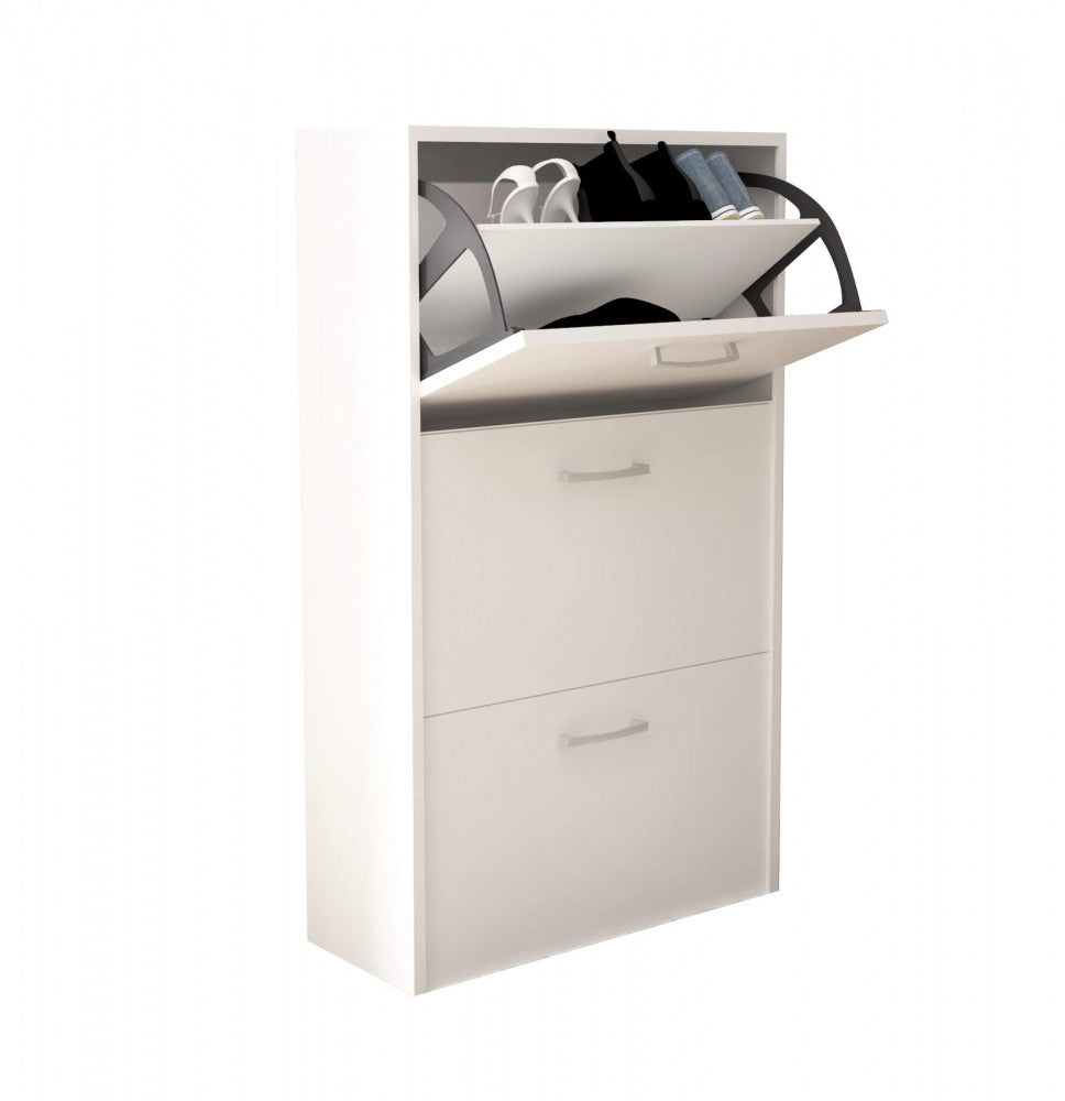 MOLLY SHOE RACK WITH 3 FLAP DOORS, WHITE. Shoe rack in 16 mm thick WHITE wood. Dimensions: 59 x 25 x 105 cm.