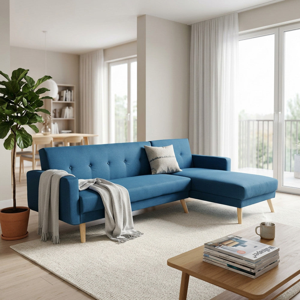 DIVANO LETTO ARTHUR. Divano Letto BLU MELANGE struttura in metallo e legno Dimensioni: D.176x84x84/DL.176x105x45/S.74x157x84/SL.74x178x45.
