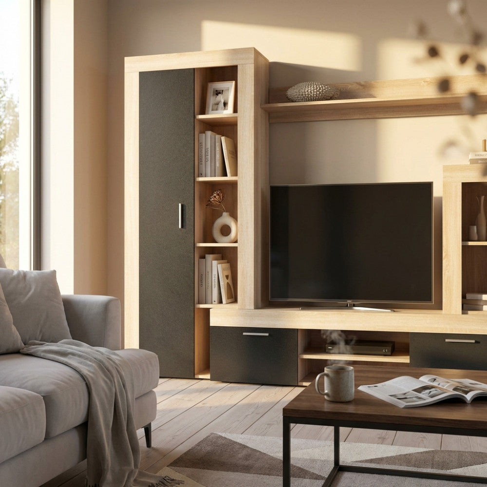 NOBEL ANTHRACITE AND LIGHT OAK LIVING ROOM WALL. ANTHRACITE and LIGHT OAK wooden wall. Dimensions: 263 x 40 x 200 cm h.