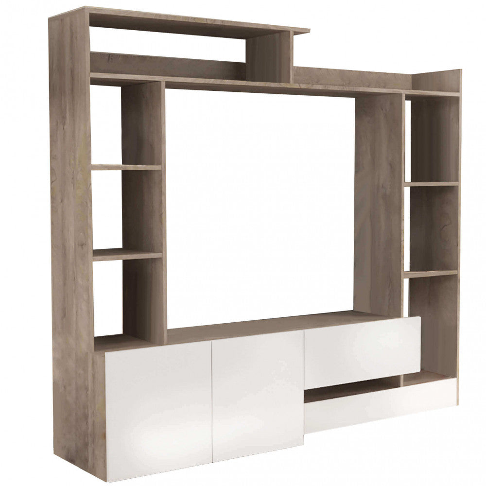 PARETE SOGGIORNO ENTRY BIANCO E ROVERE CHIARO. Parete in legno BIANCO e ROVERE CHIARO Dimensioni: cm 180 x 28/40 x 165 h.