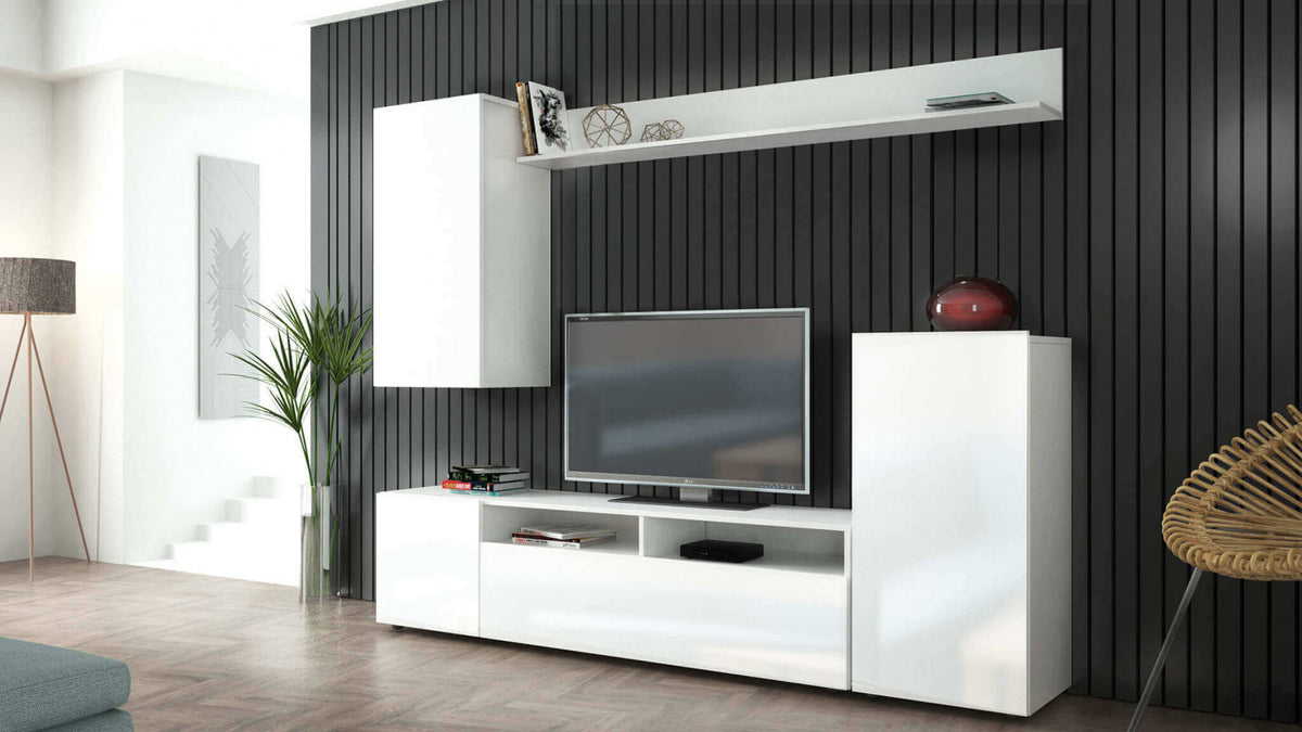 PARETE SOGGIORNO BRIDGE BIANCO E BIANCO LUCIDO. Parete in legno BIANCO e BIANCO LUCIDO Dimensioni: cm 207 x 34 x 170 h.