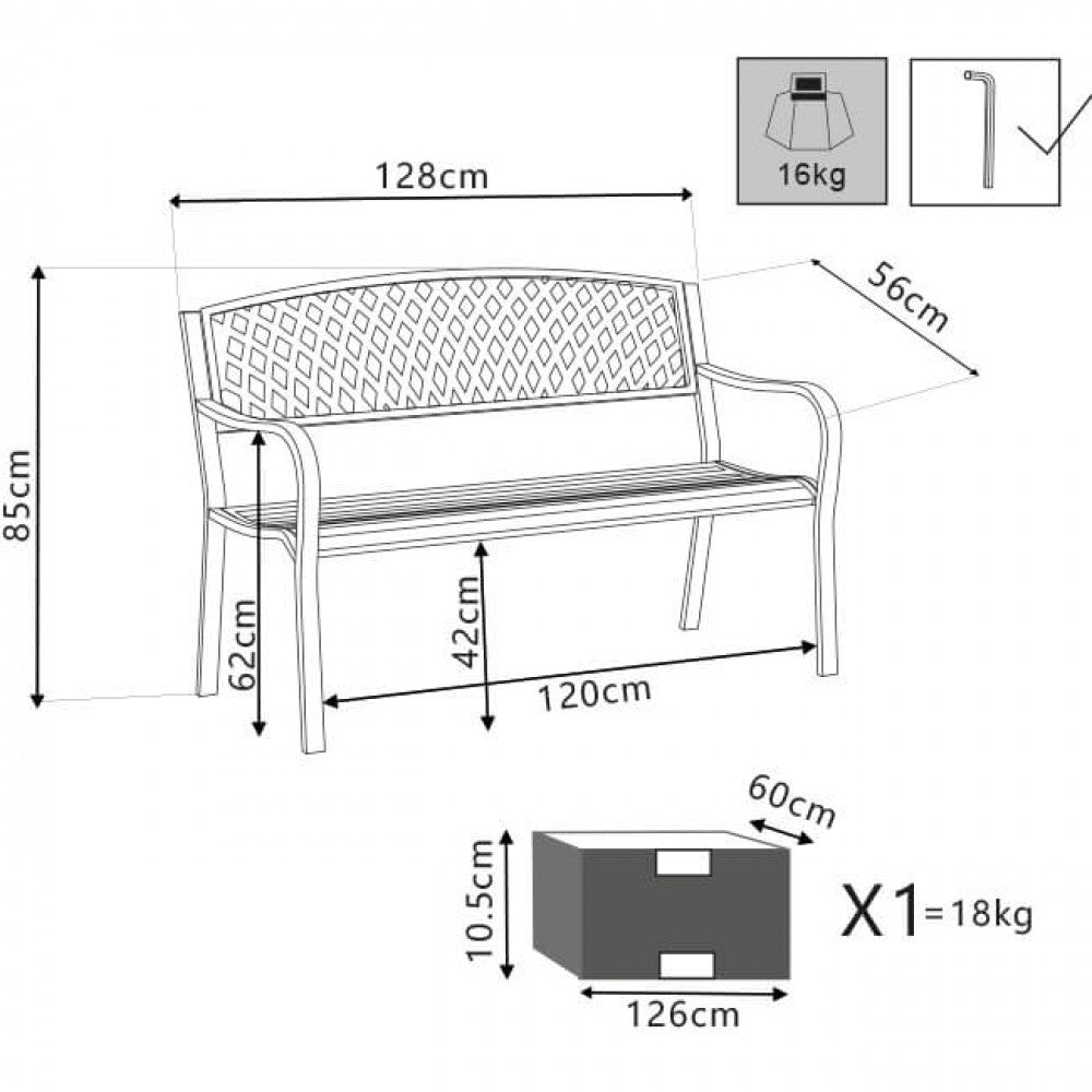 MONTREAL 2-SEAT BENCH. Powder-coated ANTHRACITE metal. Dimensions: 128 x 56 x 85 cm. Garden furniture.