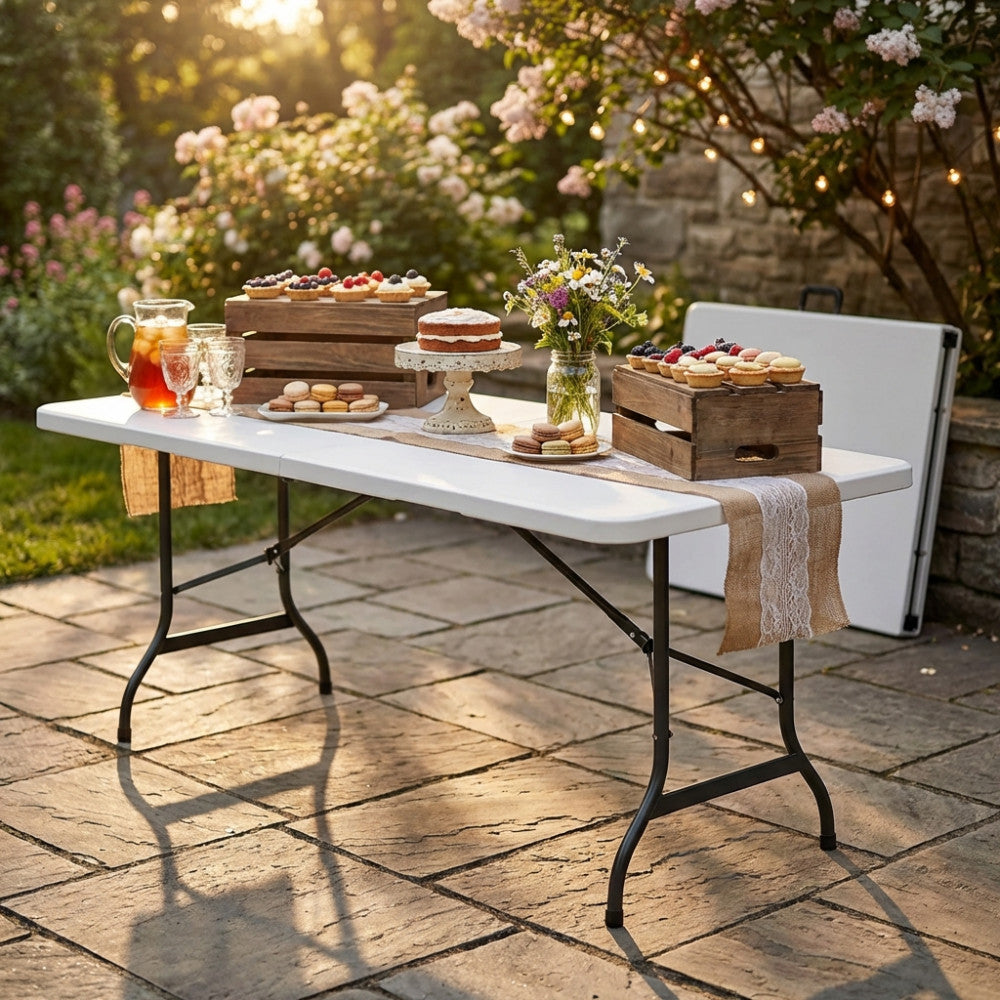 TAVOLO CATERING 240 PIEGHEVOLE. Struttura in metallo verniciato a polvere piano in ABS ò tubo verniciato grigio: 28 x 1,0 mm Dimensioni: cm 240 x 76 x 74 h. Arredo Giardino