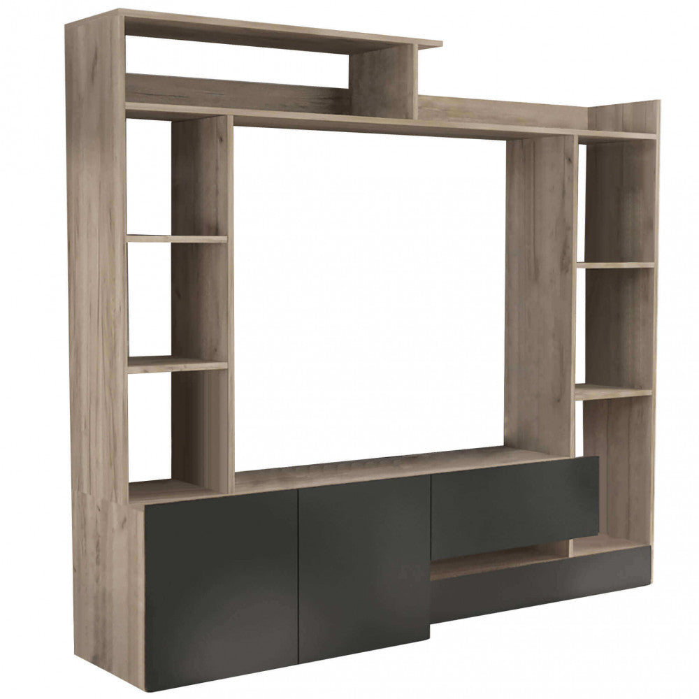PARETE SOGGIORNO ENTRY ANTRACITE E OLMO. Parete in legno ANTRACITE e OLMO Dimensioni: cm 180 x 28/40 x 165 h.