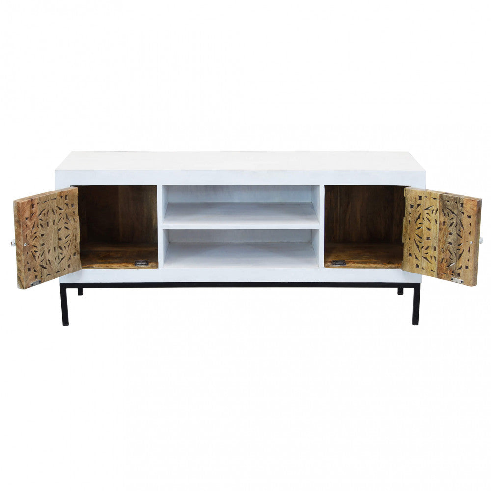 PORTA TV CLIFFORD. Porta tv con decoro sbiancato con 2 ante e 2 ripiani in legno di mango con struttura in ferro Dimensioni: cm 130 x 40 x 55 h.