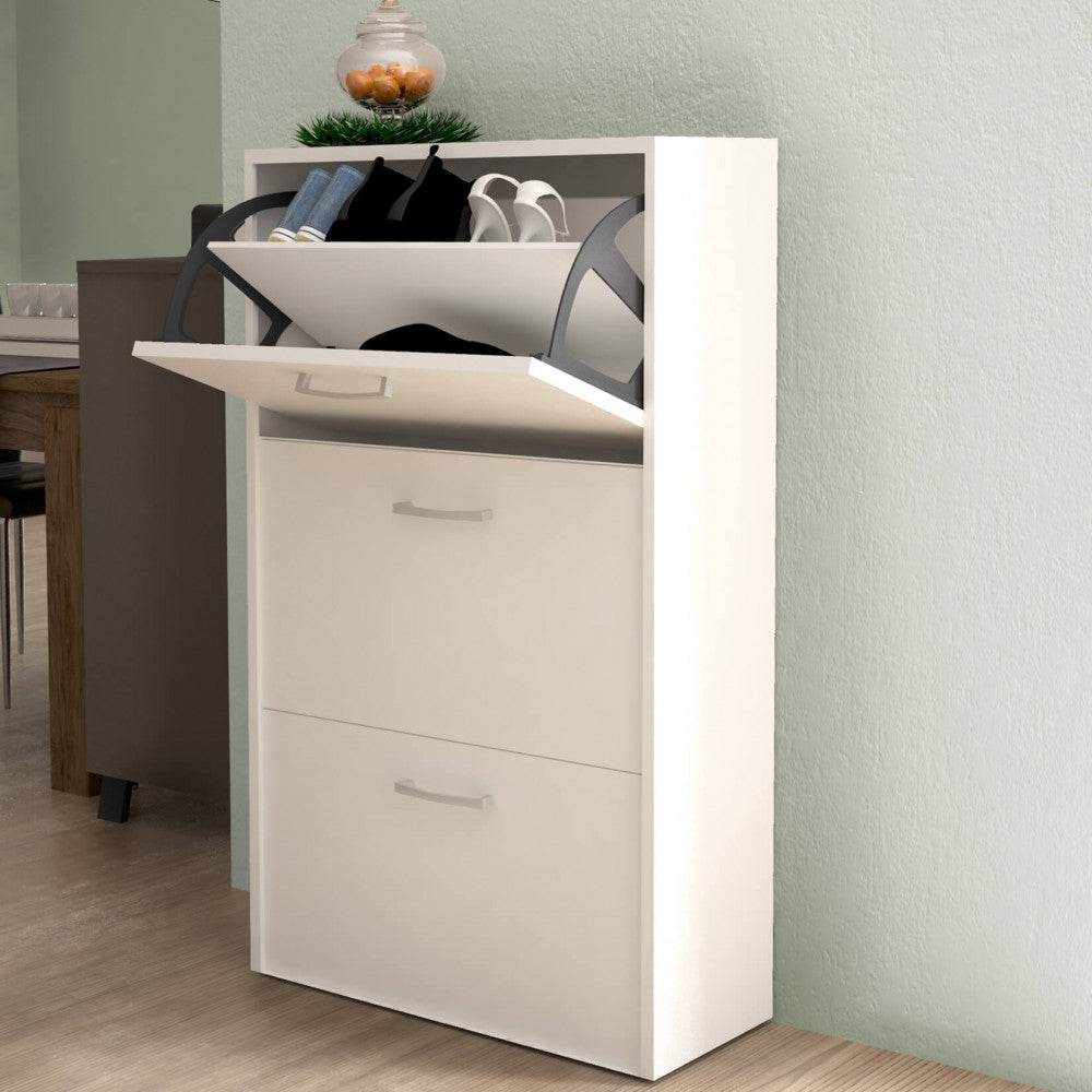 MOLLY SHOE RACK WITH 3 FLAP DOORS, WHITE. Shoe rack in 16 mm thick WHITE wood. Dimensions: 59 x 25 x 105 cm.