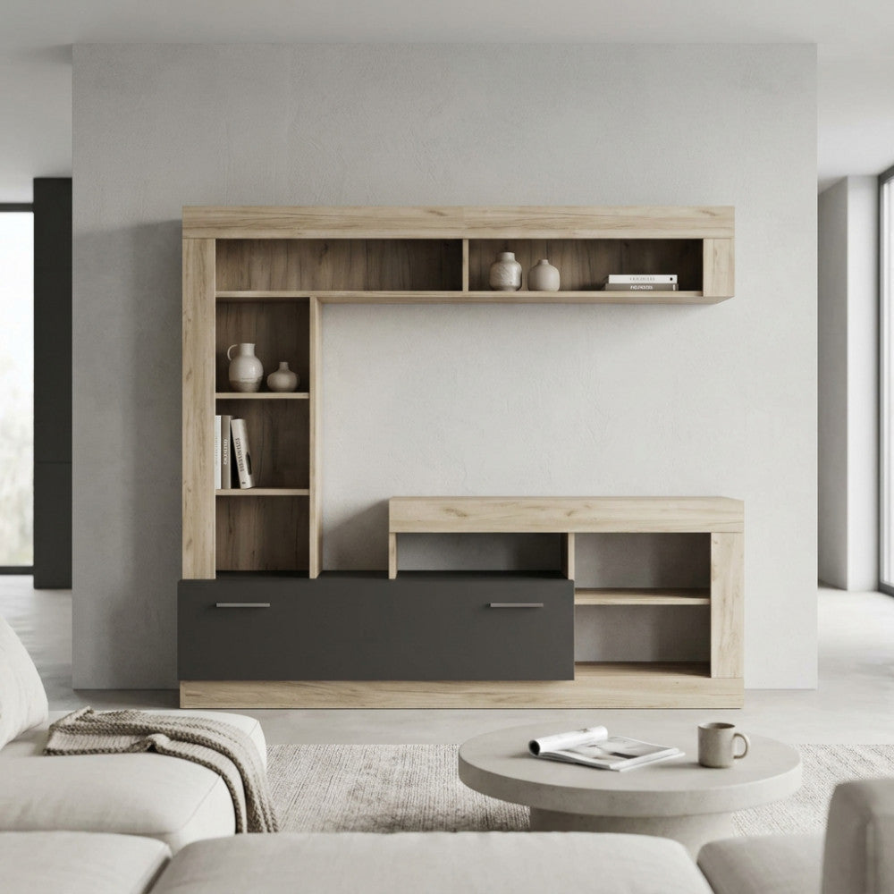 LEONARD OAK AND TAUPE LIVING ROOM WALL UNIT. Dimensions: 170 x 42 x 170 cm h.