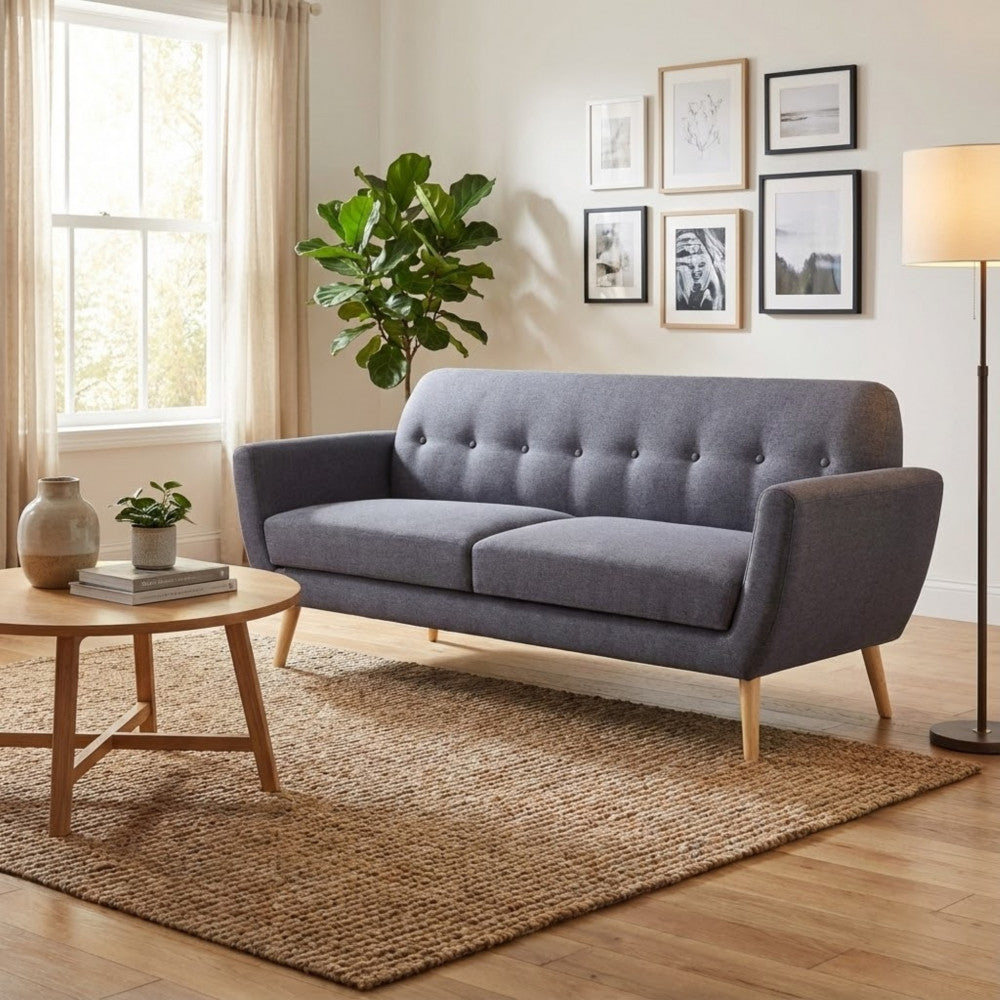 BURTON 3-SEATER SOFA. LIGHT GREY, DARK GREY, or BLUE sofa with buttons and polypropylene legs. Dimensions: 193 x 79 x 86 cm.