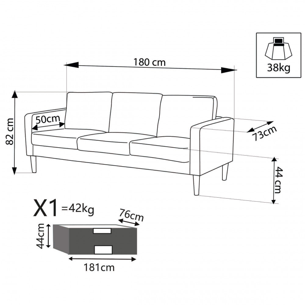 RAMSEY 3-SEATER SOFA. LIGHT GREY or DARK GREY or BLUE or BEIGE sofa with polypropylene legs. Dimensions: 180 x 73 x 82 h cm.