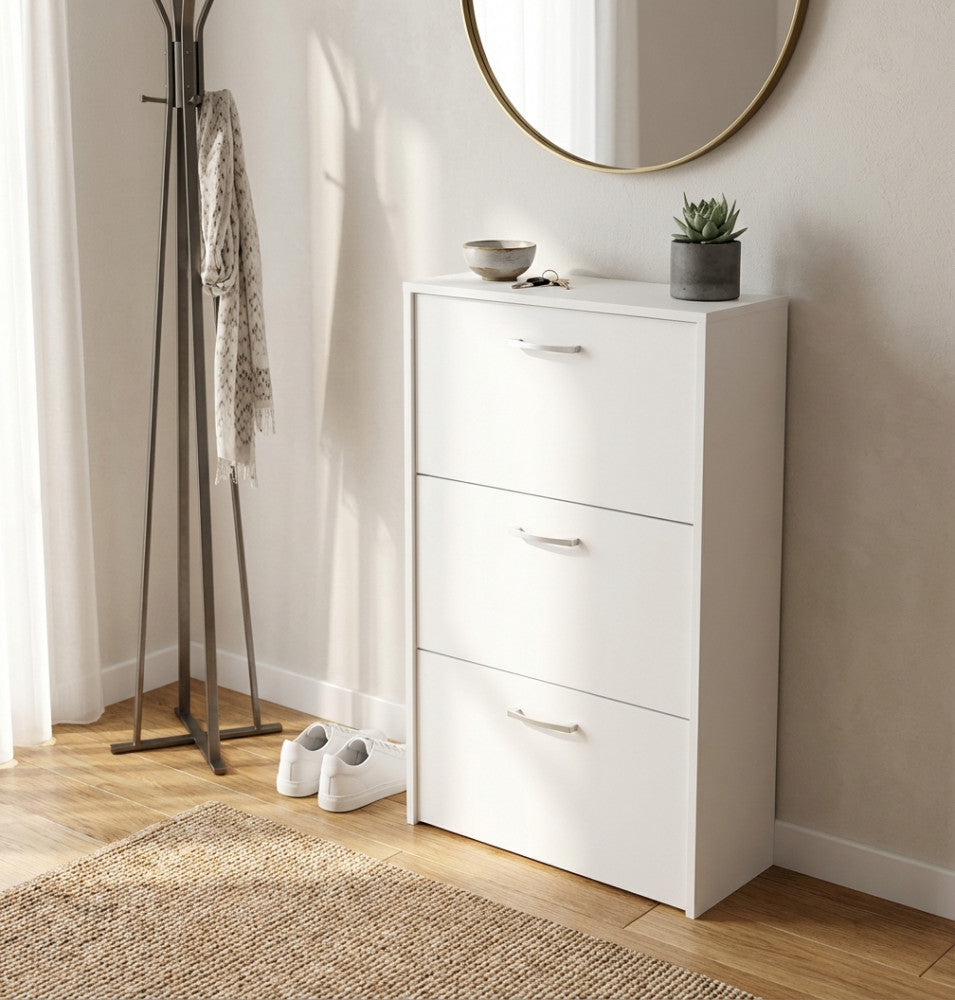 MOLLY SHOE RACK WITH 3 FLAP DOORS, WHITE. Shoe rack in 16 mm thick WHITE wood. Dimensions: 59 x 25 x 105 cm.