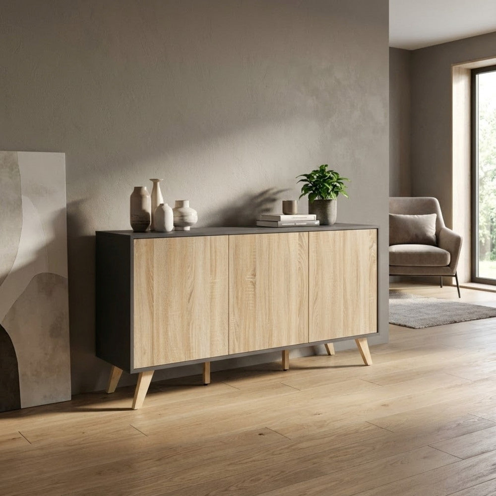 ELTON GREY AND NATURAL CABINET. Melamine cabinet with 3 natural doors, white or dark grey frame. Dimensions: 150 x 39.5 x 75 h.