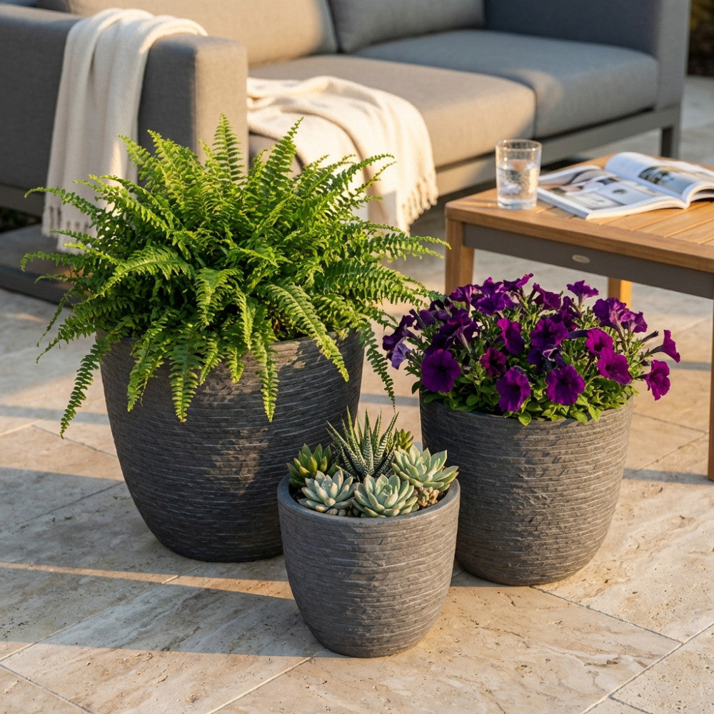 CYCLAMEN POT SET. Set of 3 synthetic fiber pots in LIGHT GREY, DARK GREY, or BEIGE. Dimensions: W. 44x44x39/M. 35x35x30.5/D. 27.5x27.5x24.5. Garden Furniture