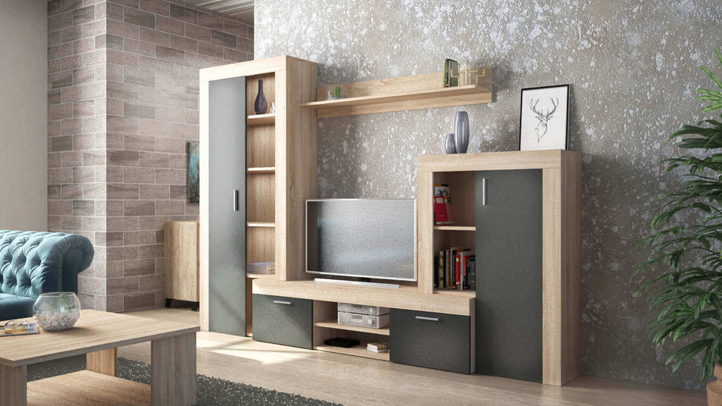 NOBEL ANTHRACITE AND LIGHT OAK LIVING ROOM WALL. ANTHRACITE and LIGHT OAK wooden wall. Dimensions: 263 x 40 x 200 cm h.