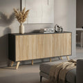ELTON GREY AND NATURAL CABINET. Melamine cabinet with 3 natural doors, white or dark grey frame. Dimensions: 150 x 39.5 x 75 h.
