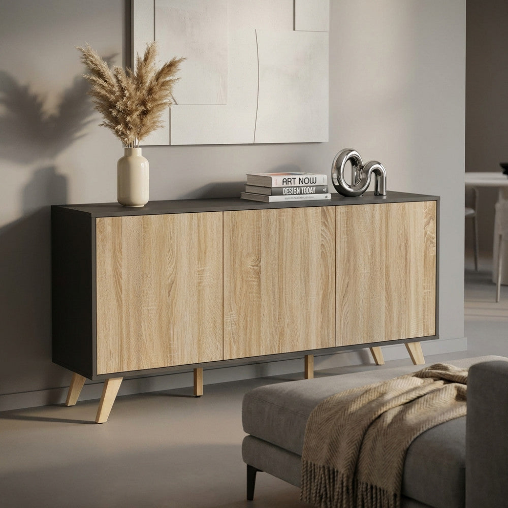 MOBILE ELTON GRIGIO E NATURALE. Mobile in melammina con 3 ante naturali, struttura bianca o grigio scura Dimensioni: 150 x 39,5 x 75 h.