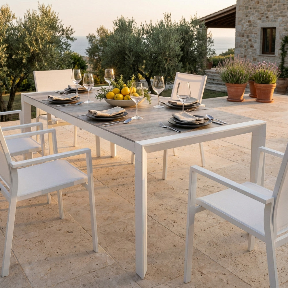 PORTLAND TABLE 175/235 X 100. Structure in ANTHRACITE, TAUPE or WHITE aluminium, table top in GREY wood-effect ceramic in NATURAL taupe. Dimensions: 175/235 x 100 x 75 h cm. Garden Furniture