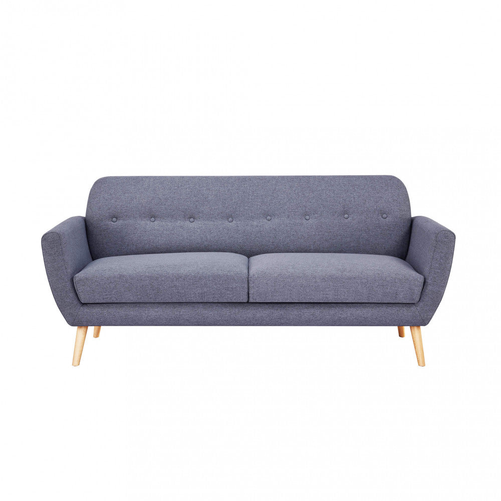 BURTON 3-SEATER SOFA. LIGHT GREY, DARK GREY, or BLUE sofa with buttons and polypropylene legs. Dimensions: 193 x 79 x 86 cm.