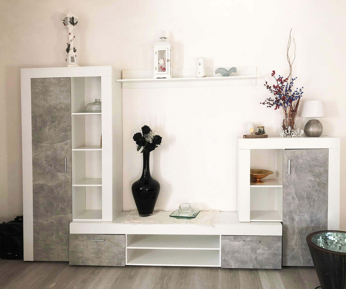 PARETE SOGGIORNO NOBEL BIANCO E GRIGIO EFFETTO CEMENTO. Parete in legno BIANCO e GIRGIO EFFETTO CEMENTO Dimensioni: cm 263 x 40 x 200 h.