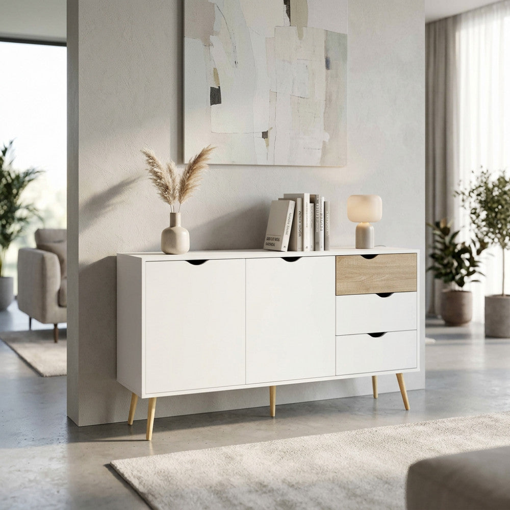 MOBILE BRADLEY. Mobile con 2 ante e 3 cassetti in legno bianco e naturale Dimensioni: cm 147 x 39 x 82 h.
