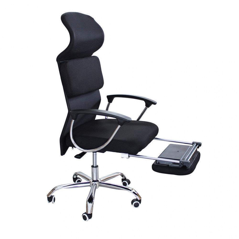 HALEY OFFICE CHAIR. Upholstered mesh office chair, chromed plastic armrests, and chromed base with casters. Dimensions: 59 x 63 x 118/128 cm h.
