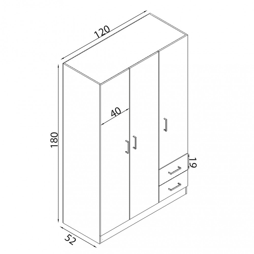 ARMADIO LEWI 3 ANTE E 2 CASSETTI BIANCO. Dimensioni: cm 120 x 52 x 190 h.